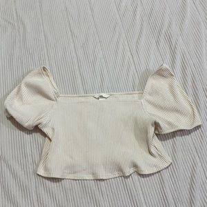 H&M Cream Ribbed Off The Shoulder Cropped Blouse, Small Stain Seen In 2nd pic